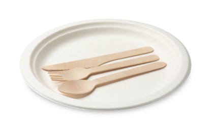 Photo of Disposable plate and cutlery isolated on white