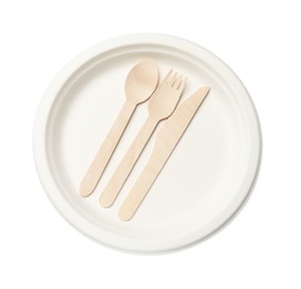 Photo of Disposable plate and cutlery isolated on white, top view