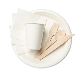 Photo of Set of disposable tableware and napkins isolated on white, top view