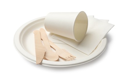 Photo of Set of disposable tableware and napkins isolated on white