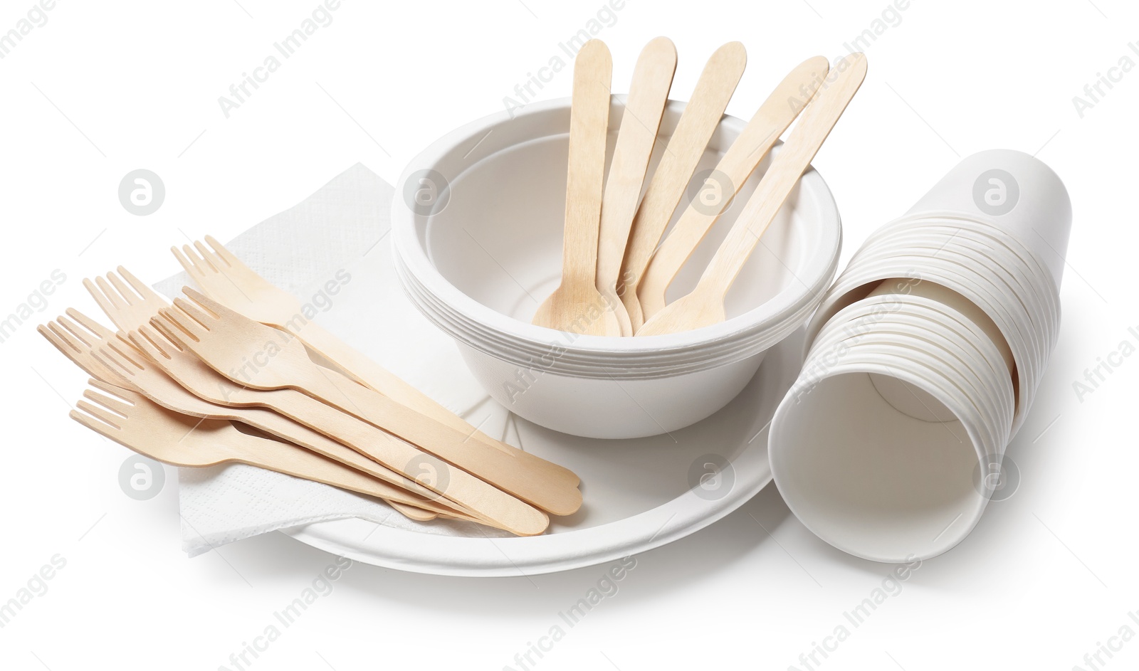 Photo of Set of disposable tableware and napkins isolated on white