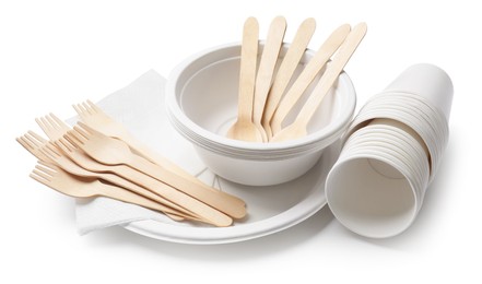 Photo of Set of disposable tableware and napkins isolated on white