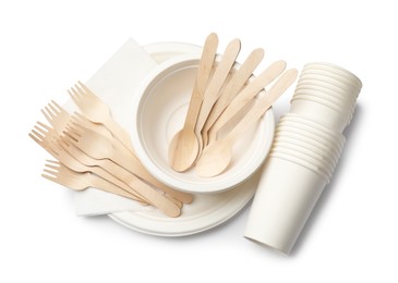 Photo of Set of disposable tableware and napkins isolated on white, top view