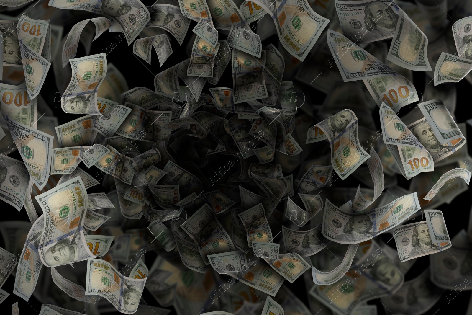 Image of Money vortex. Dollar bills swirling in air