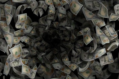 Image of Money vortex. Dollar bills swirling in air