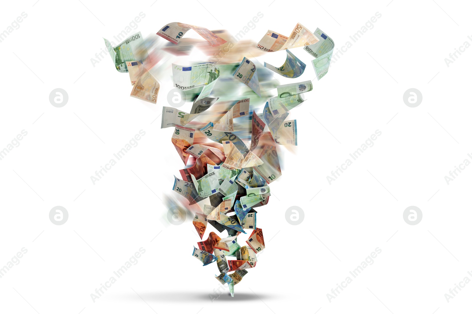 Image of Tornado of money. Euro bills swirling in air against white background