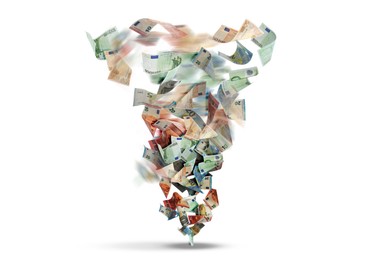 Image of Tornado of money. Euro bills swirling in air against white background
