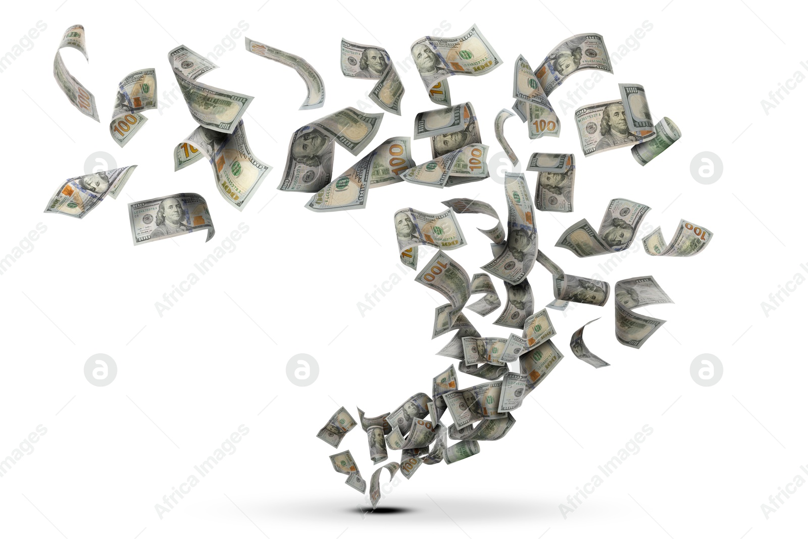 Image of Tornado of money. Dollar bills swirling in air against white background