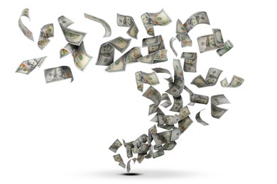 Image of Tornado of money. Dollar bills swirling in air against white background