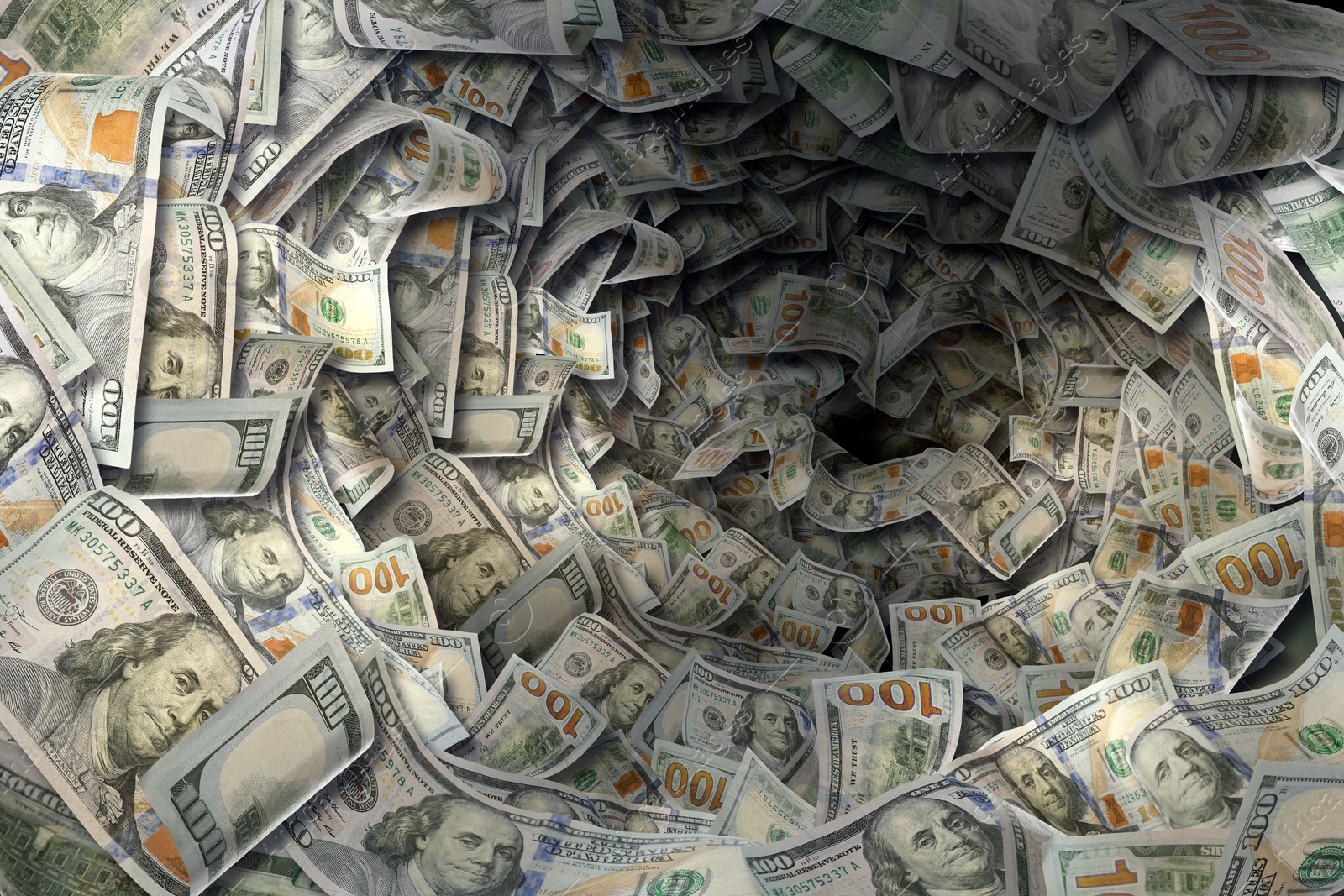 Image of Money vortex. Dollar bills swirling in air