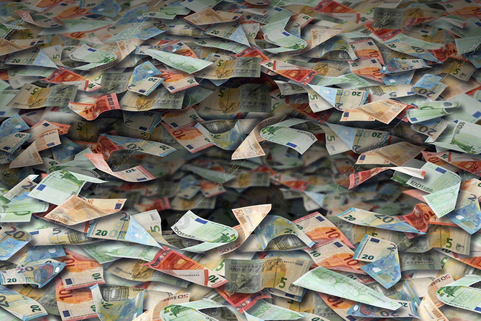 Image of Money vortex. Euro bills swirling in air