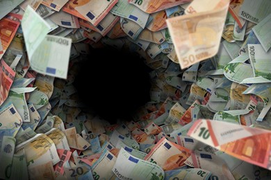 Image of Money vortex. Euro bills swirling in air