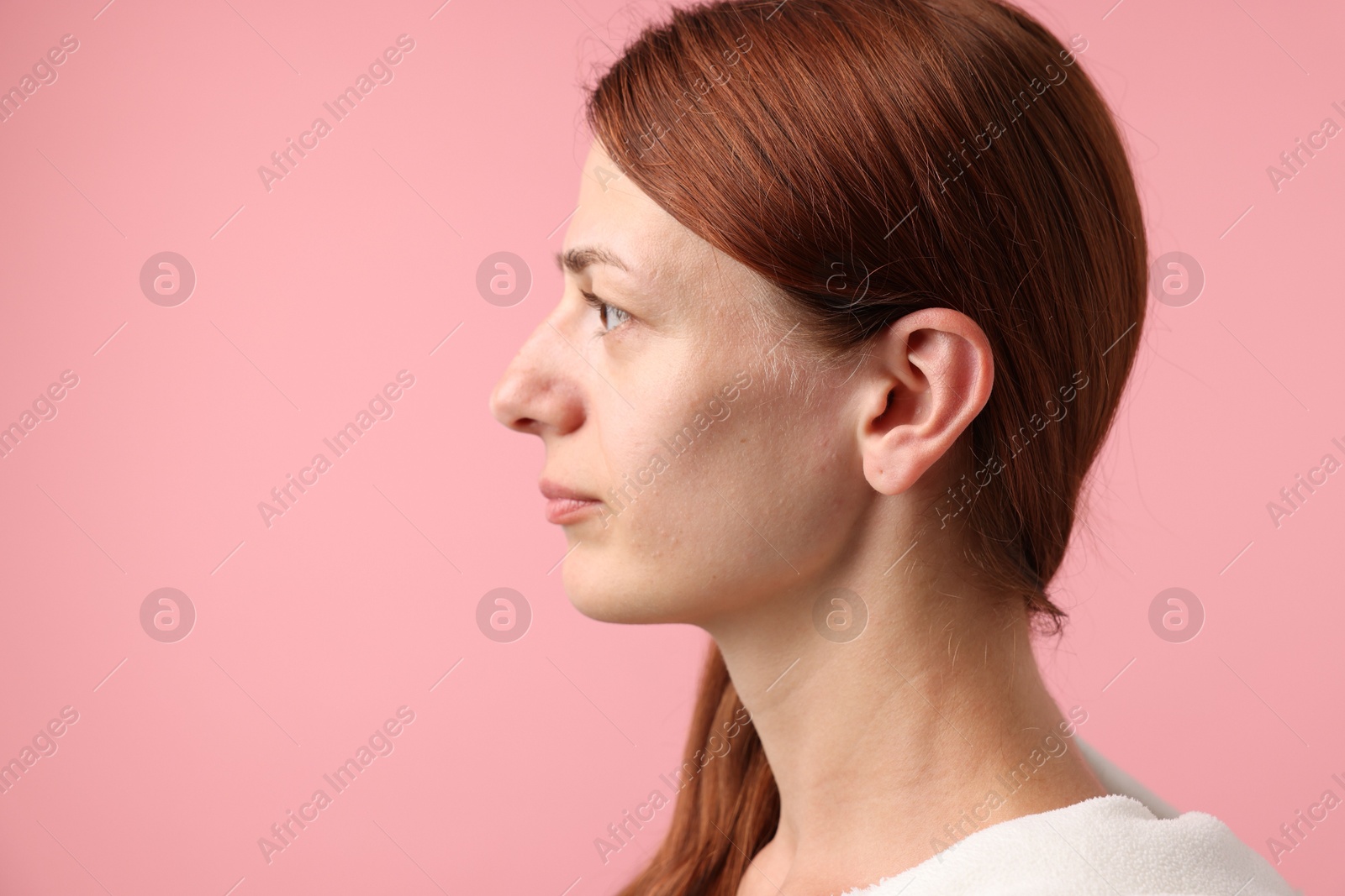 Photo of Sound. Woman on pink background, space for text