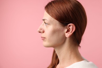 Photo of Sound. Woman on pink background, space for text