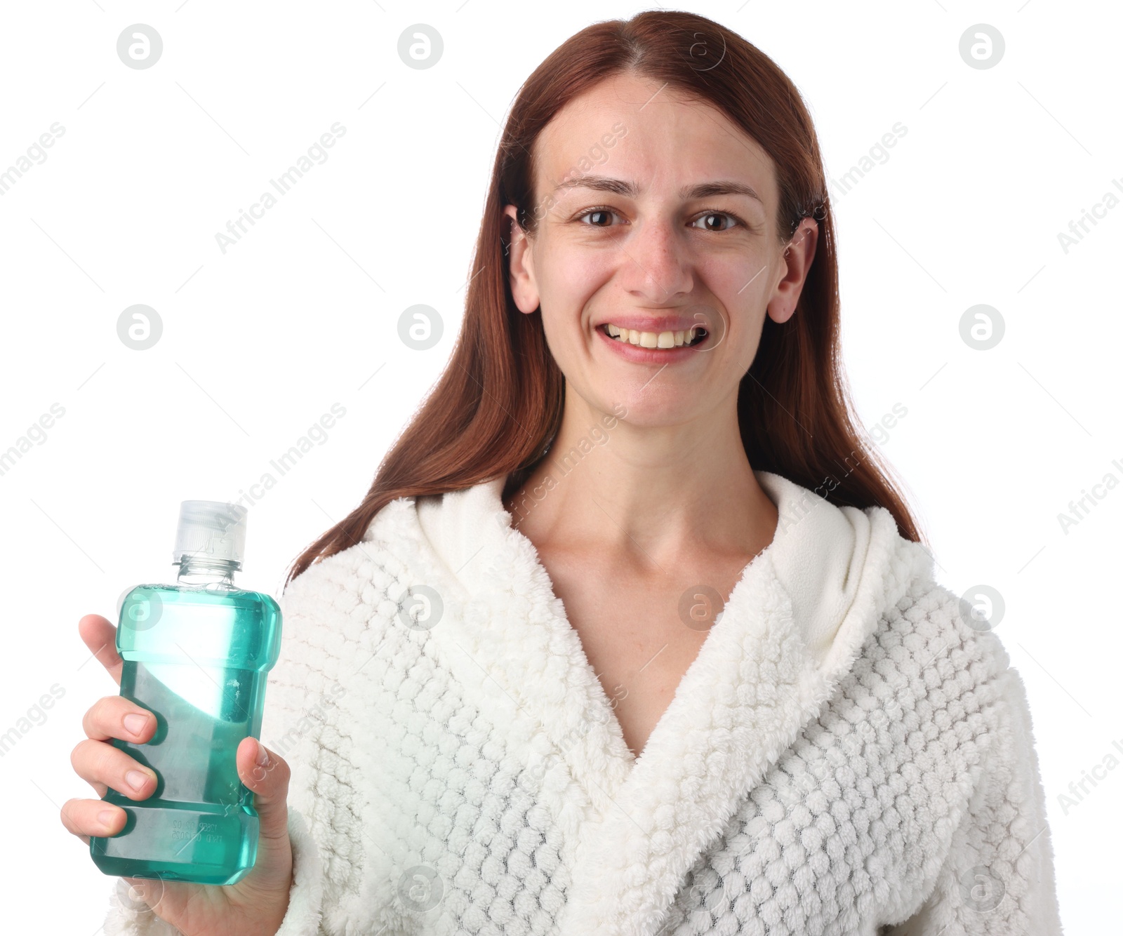 Photo of Woman rinsing mouth with mouthwash on white background