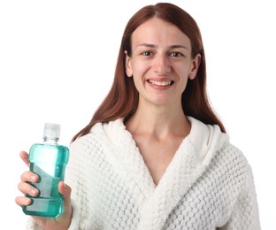 Photo of Woman rinsing mouth with mouthwash on white background