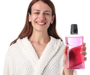 Photo of Woman rinsing mouth with mouthwash on white background