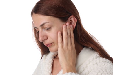 Photo of Sound. Woman touching her ear on white background