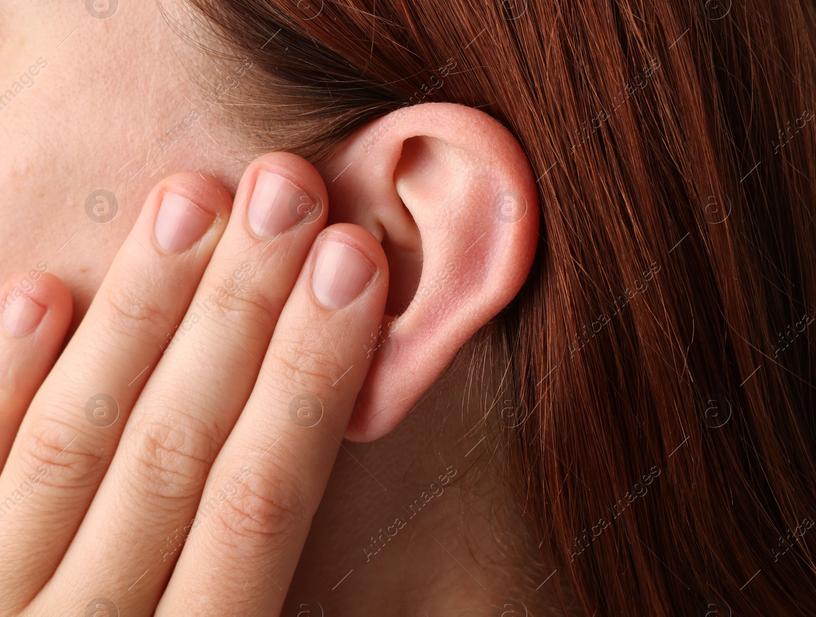 Photo of Sound. Woman touching her ear, closeup view