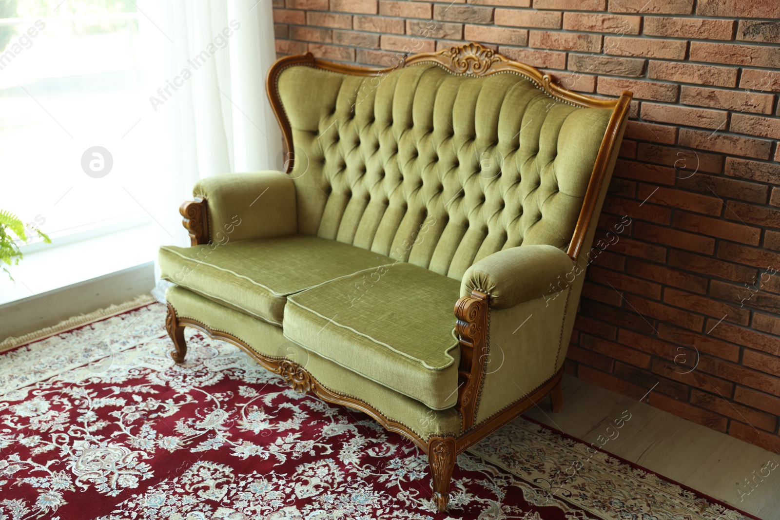 Photo of Green retro sofa in room. Interior design