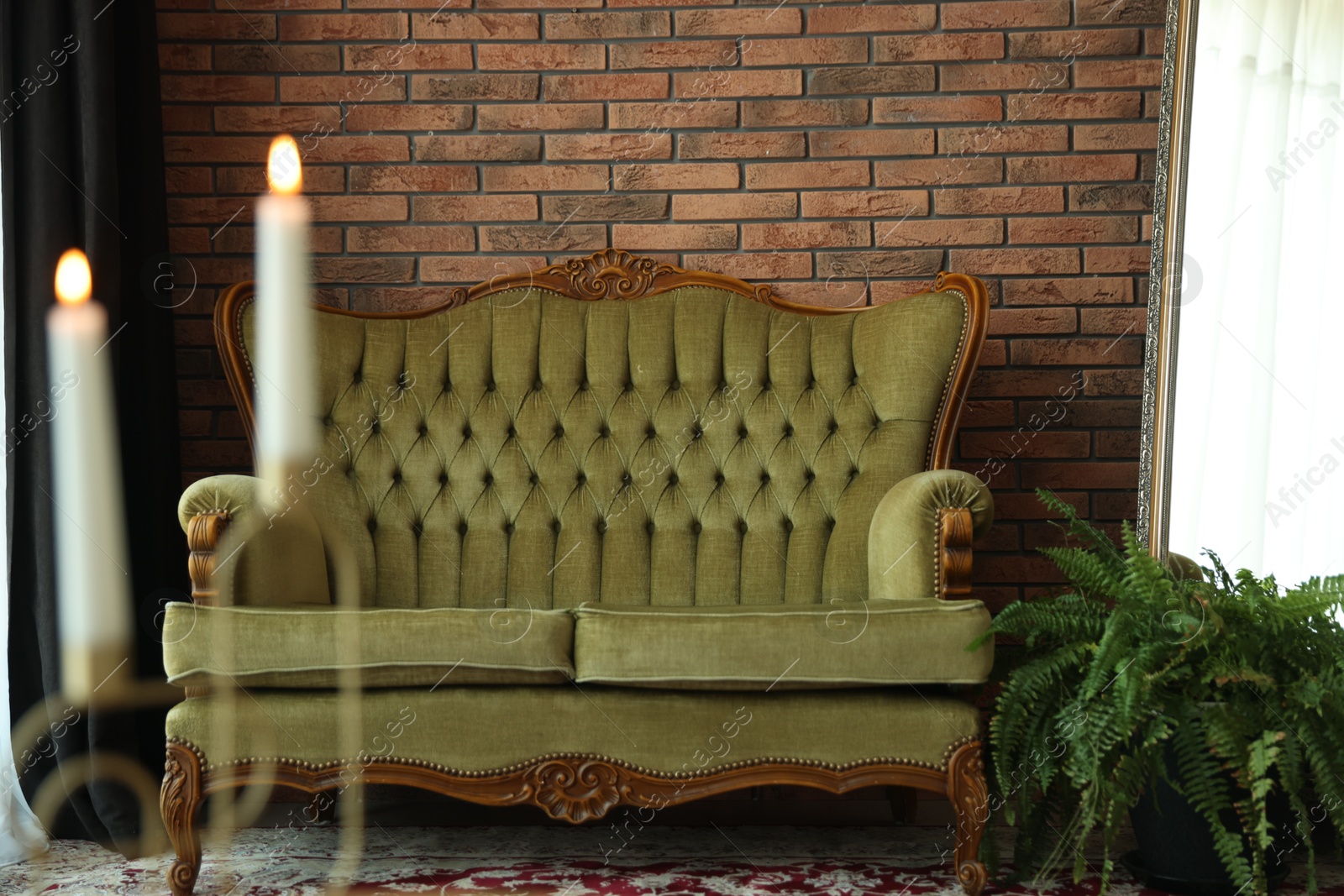 Green retro sofa, houseplant and burning candles in room, selective focus. Interior design Photo of Green retro sofa, houseplant and burning candles in room, selective focus. Interior design