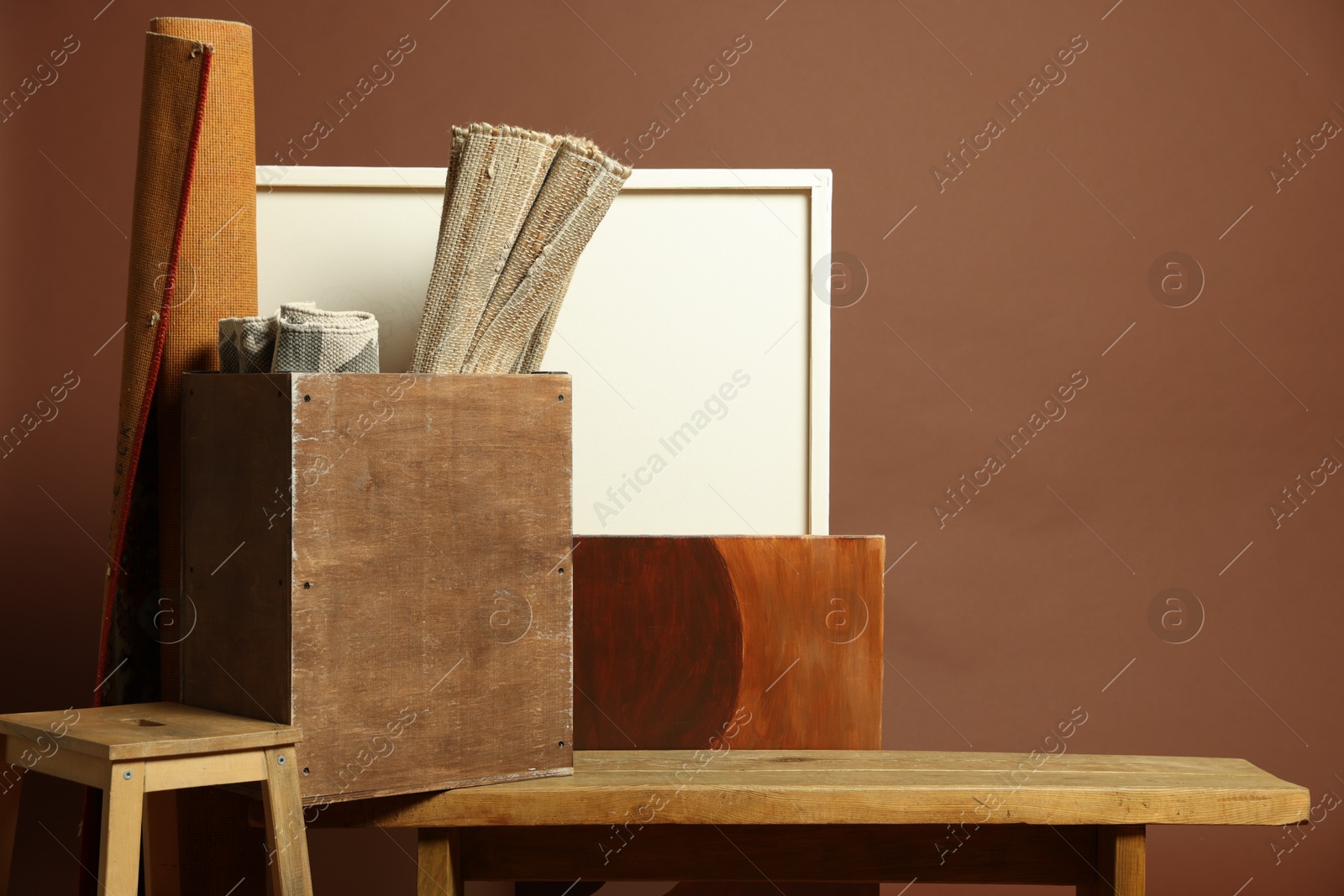 Photo of Many different used stuff on brown background