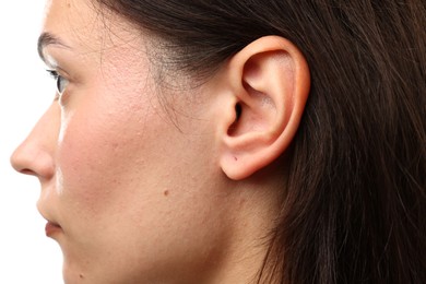 Photo of Sound. Woman on white background, closeup view