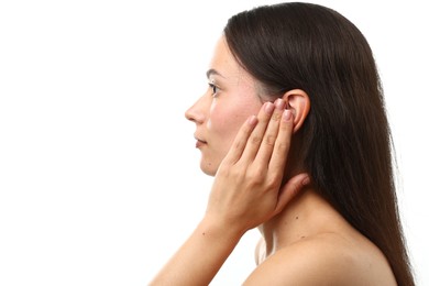 Photo of Sound. Woman touching her ear on white background