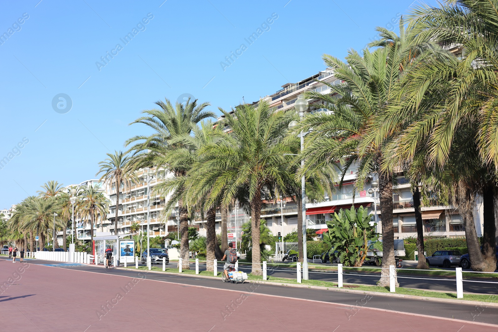 Photo of Nice, France - August 23, 2025: Beautiful palm trees and buildings on city street