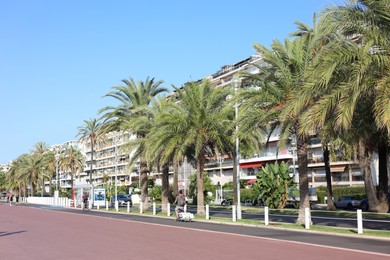 Photo of Nice, France - August 23, 2025: Beautiful palm trees and buildings on city street