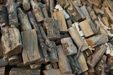 Photo of Pile of cut firewood outdoors, closeup view