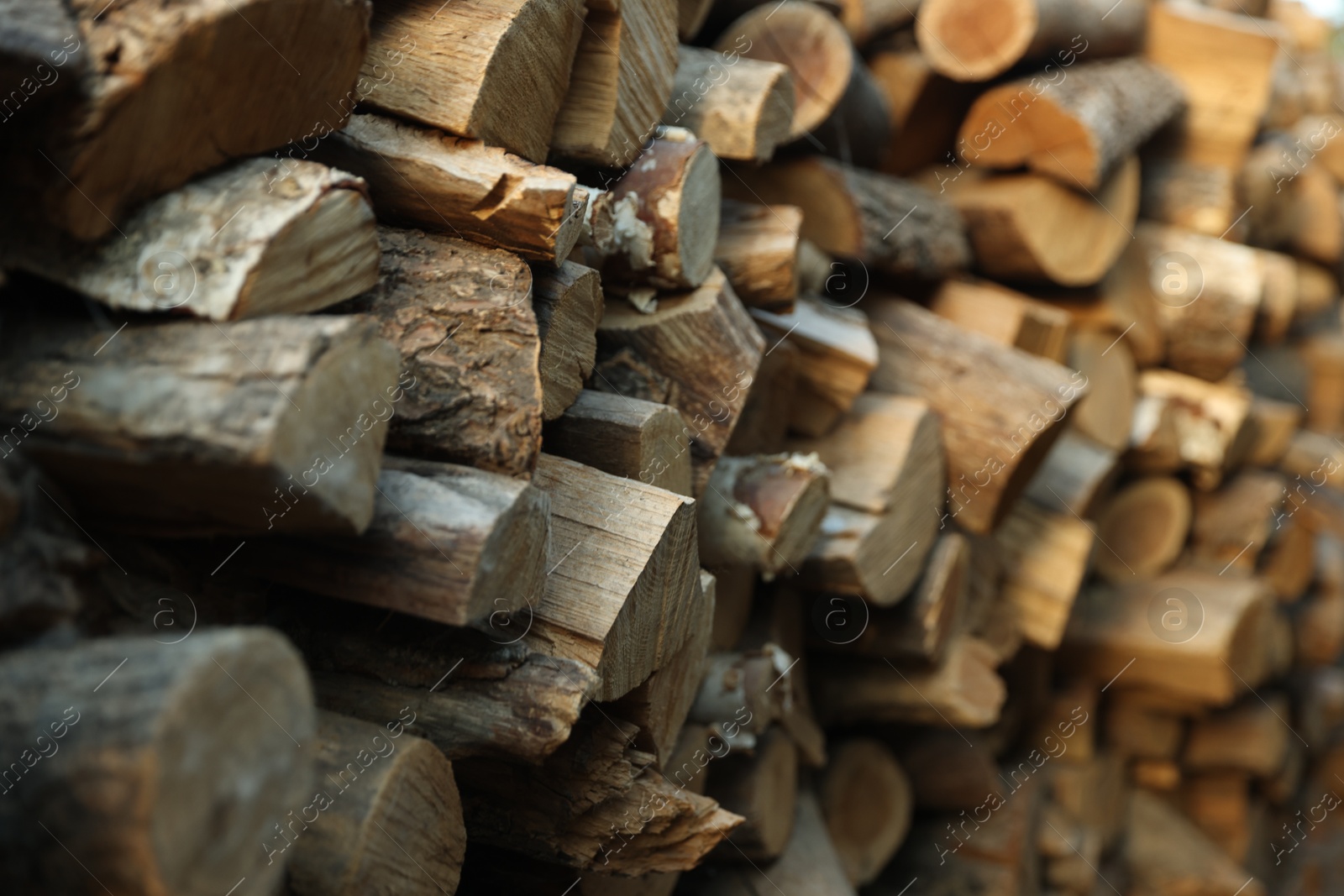 Photo of Pile of cut firewood outdoors, closeup view