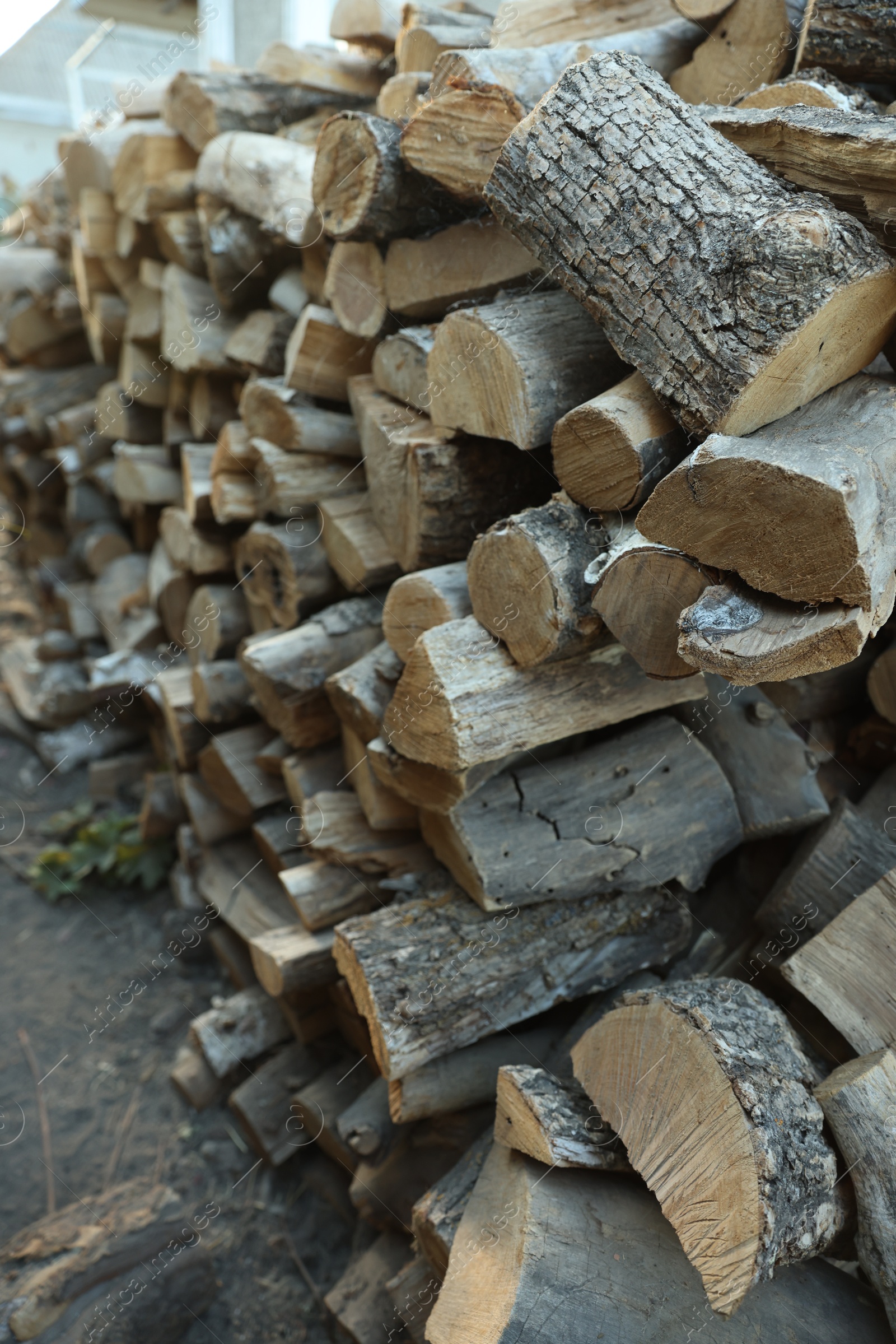 Photo of Pile of cut firewood outdoors, closeup view