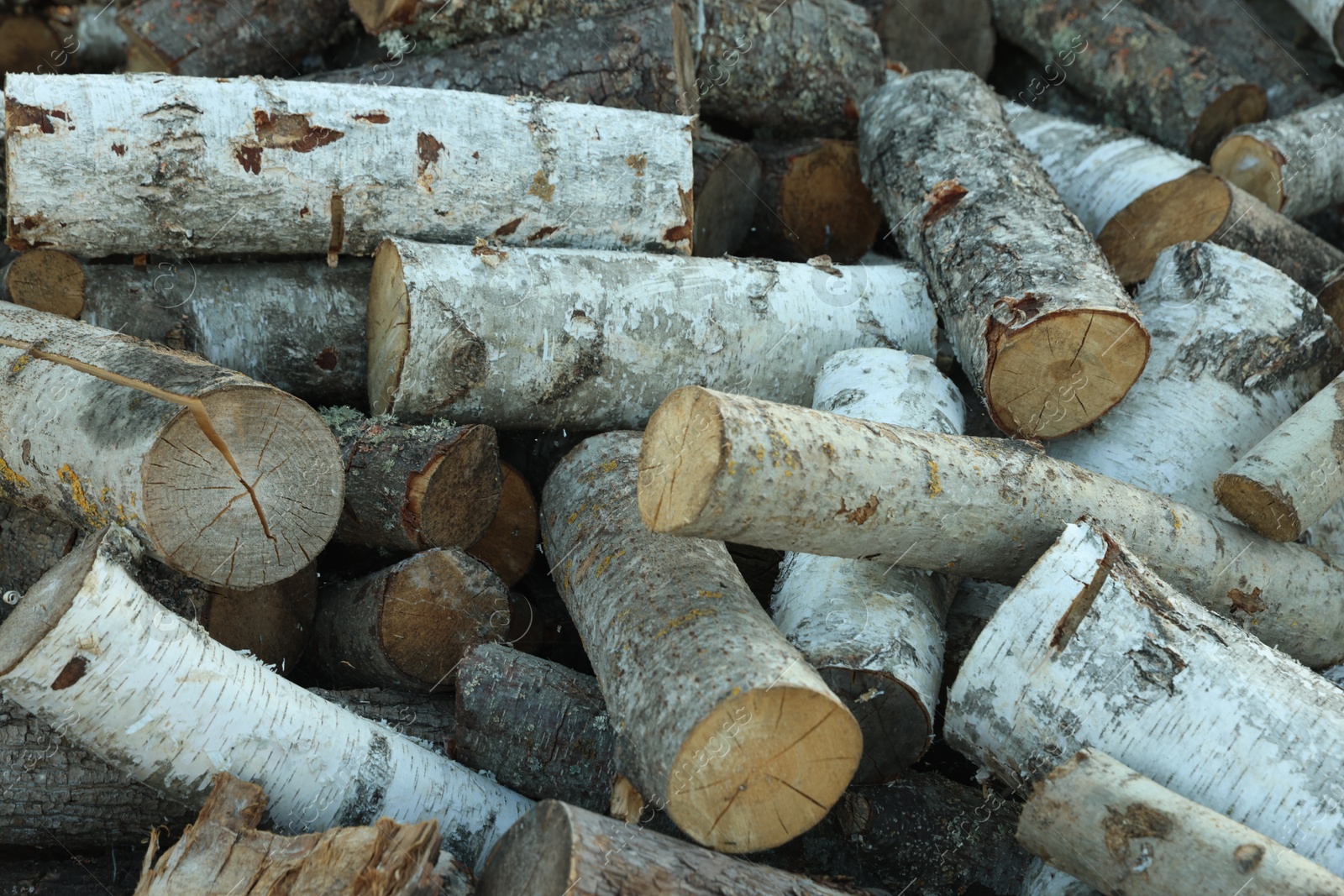 Photo of Pile of cut firewood outdoors, closeup view