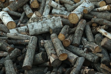 Photo of Pile of cut firewood outdoors, closeup view