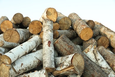 Photo of Pile of cut firewood outdoors, closeup view