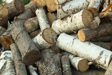 Photo of Pile of cut firewood outdoors, closeup view