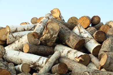 Photo of Pile of cut firewood outdoors, closeup view