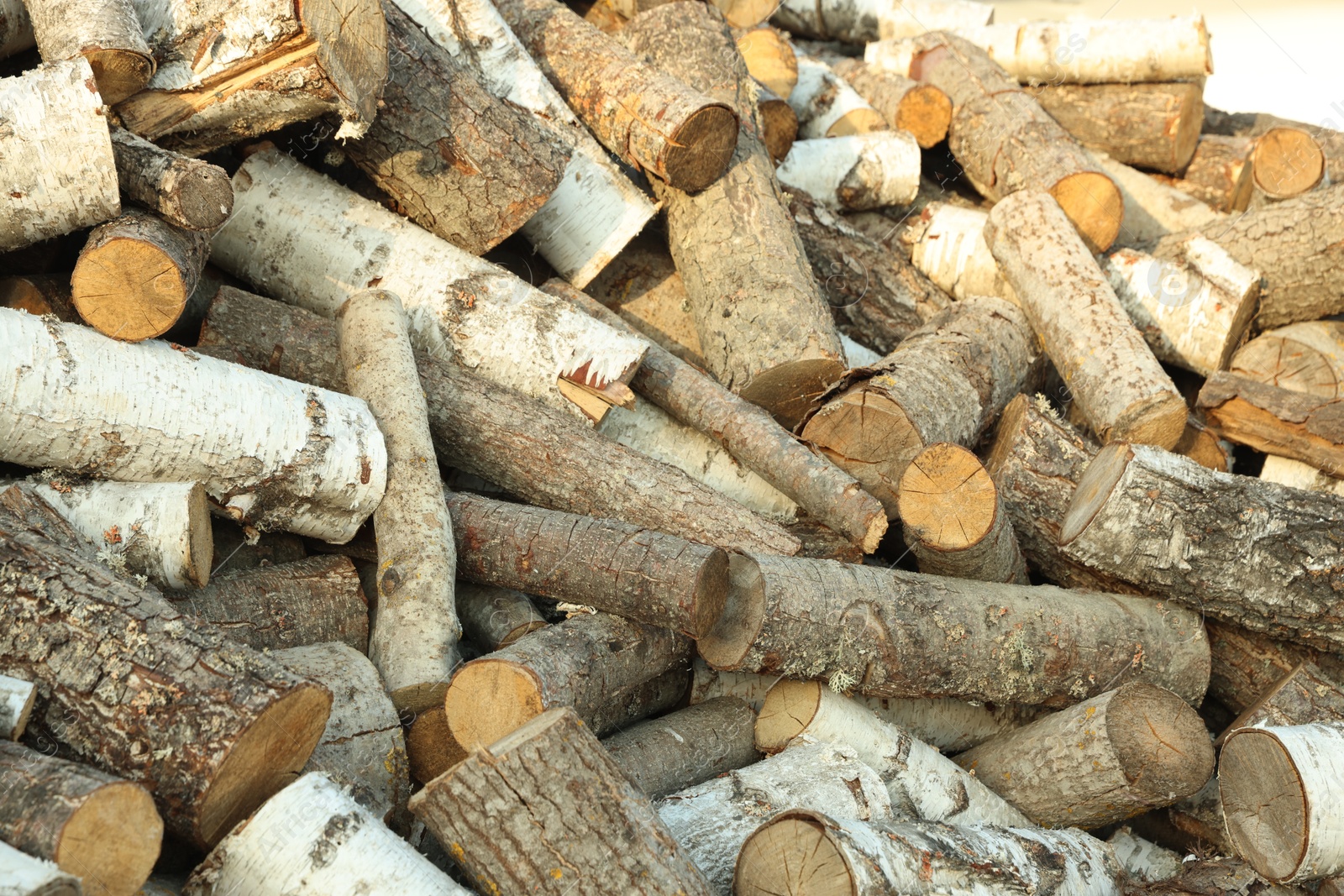 Photo of Pile of cut firewood outdoors, closeup view