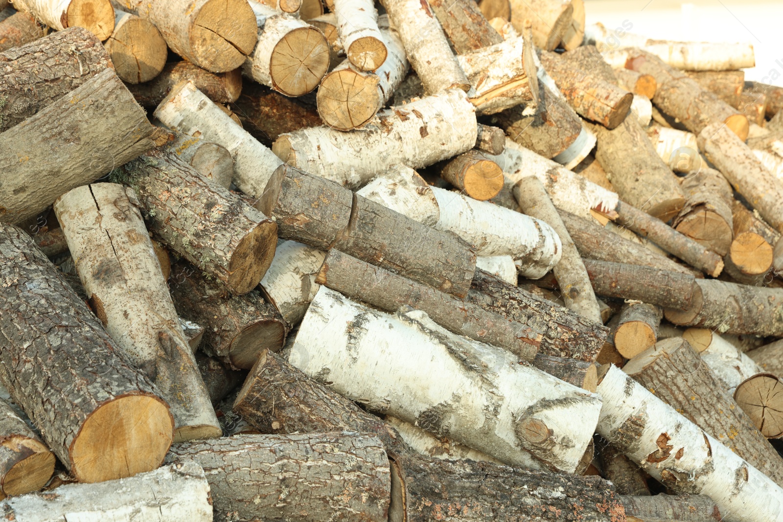 Photo of Pile of cut firewood outdoors, closeup view