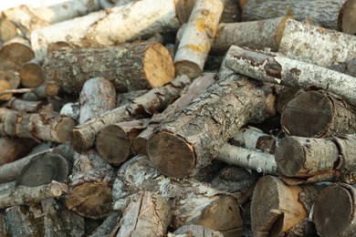 Photo of Pile of cut firewood outdoors, closeup view