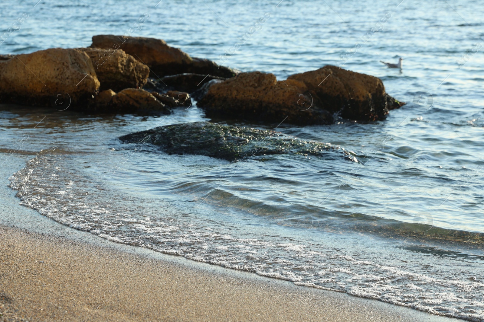 Beautiful wavy sea, stones and sandy beach Photo of Beautiful wavy sea, stones and sandy beach