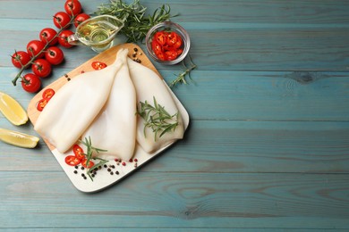 Photo of Uncooked squids with spices on blue wooden table, flat lay. Space for text