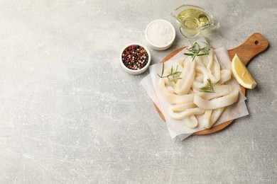 Photo of Uncooked squid rings and spices on grey table, flat lay. Space for text