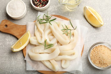 Photo of Uncooked squid rings, spices and bread crumbs on grey table, flat lay