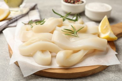 Photo of Uncooked squid rings and spices on grey table, closeup