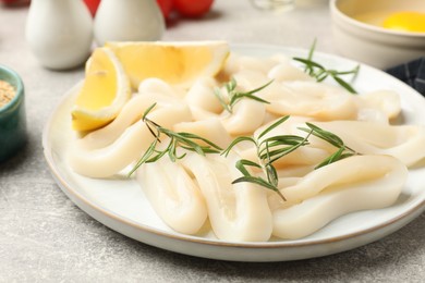 Photo of Uncooked squid rings and ingredients on grey table, closeup