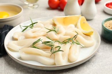 Photo of Uncooked squid rings and ingredients on grey table, closeup