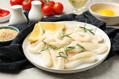 Photo of Uncooked squid rings and ingredients on grey table, closeup