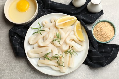 Photo of Uncooked squid rings and ingredients on grey table, flat lay
